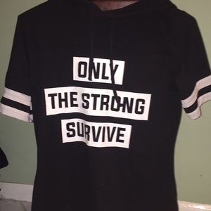 A long black really soft shirt with white writing